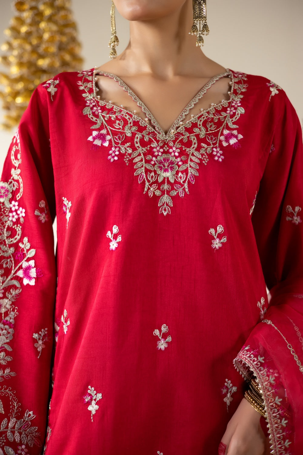 Lune Des Fleurs by Enzo RTW Embroidered Korean Silk 3 Piece Suit MERLOT Festive Collection