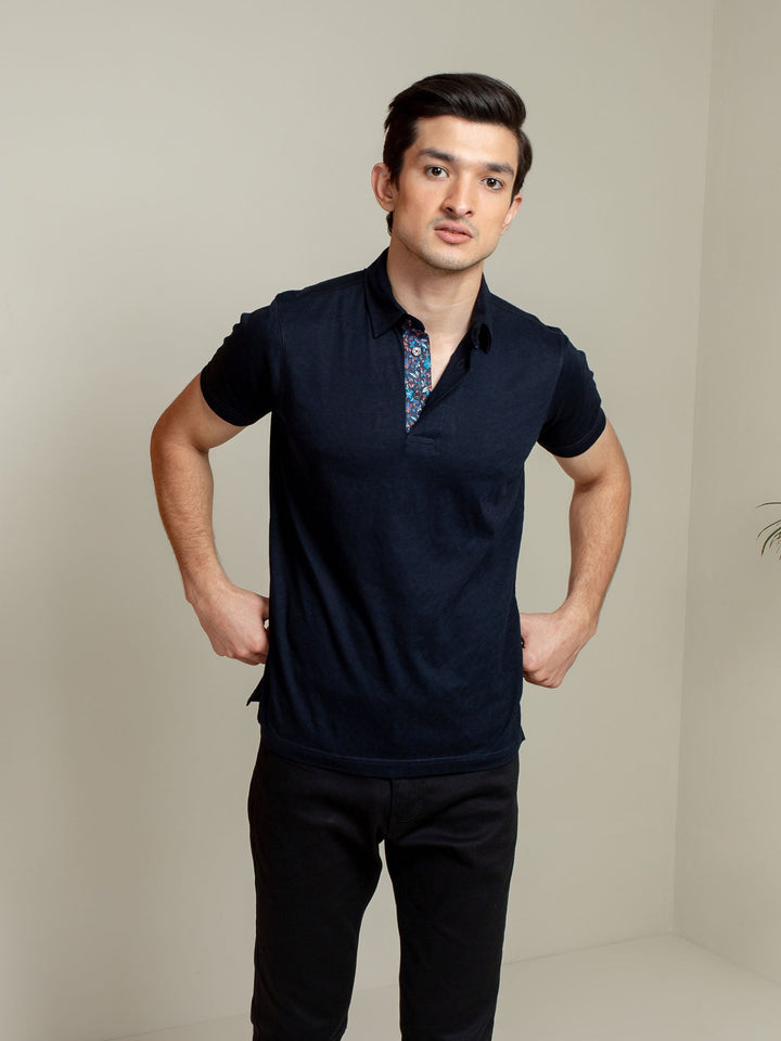 Brumano  Solids Cotton Polo Navy Blue Jacquard Polo Shirt With Floral Detailing