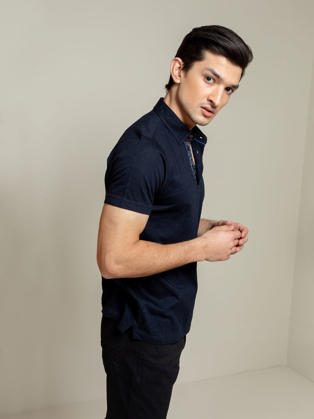 Brumano  Solids Cotton Polo Navy Blue Jacquard Polo Shirt With Floral Detailing
