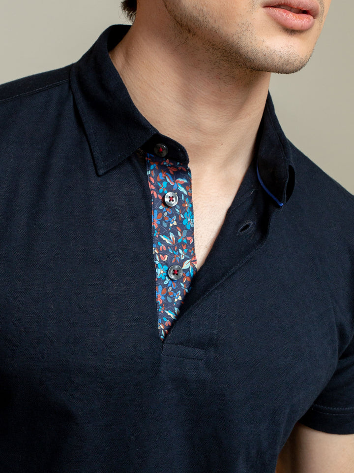 Brumano  Solids Cotton Polo Navy Blue Jacquard Polo Shirt With Floral Detailing