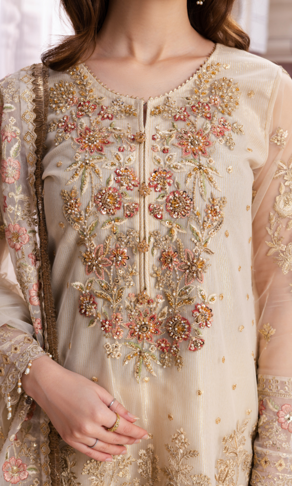Waresha Women RTW Embroidered Net 3 Piece Suit Ivory Royale Off-White - Festive Collection