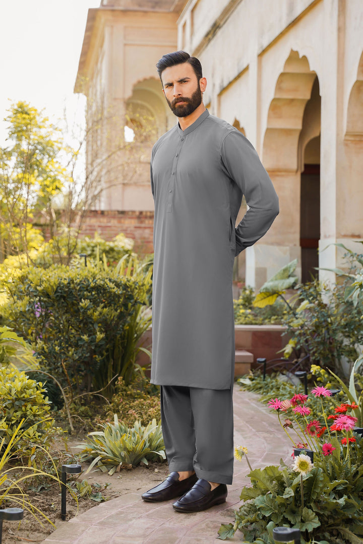 Divinely Crafted Men Ready To Wear Solids Cotton Shalwar Kameez Urban Grey - Summer Collection