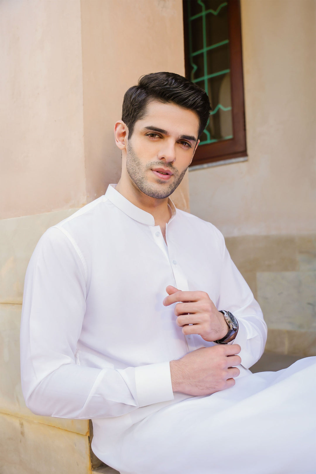Misaal by Divinely Crafted Solids Shalwar Kameez For Men Vanilla White Blended SK425-0325-VW - Summer Collection