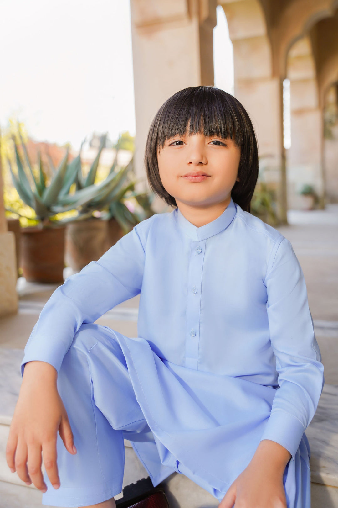 Paasban by Divinely Crafted Solids Blended 2 Piece Shalwar Kameez For Kids Baby Blue - Summer Collection