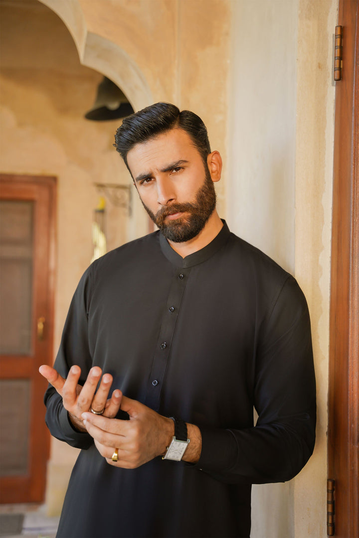 Misaal by Divinely Crafted Solids Shalwar Kameez For Men Jet Black Blended SK490-0325-JB - Summer Collection
