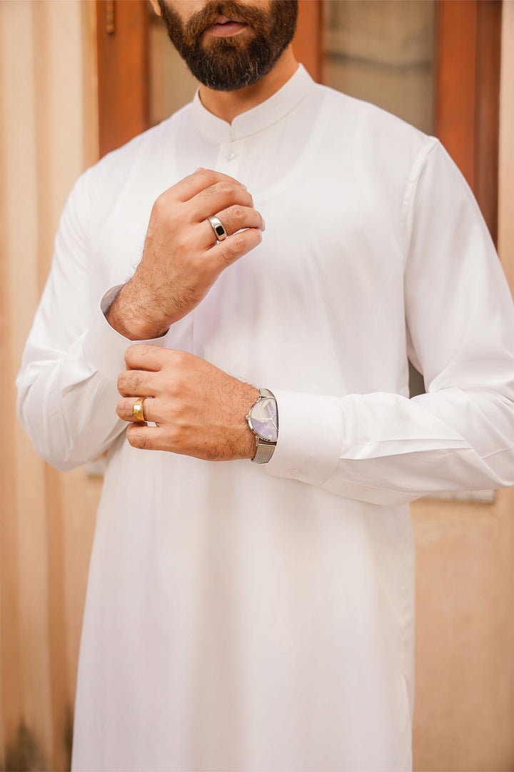 Misaal by Divinely Crafted Solids Shalwar Kameez For Men Ivory White Boski SK350-0325-IW - Summer Collection