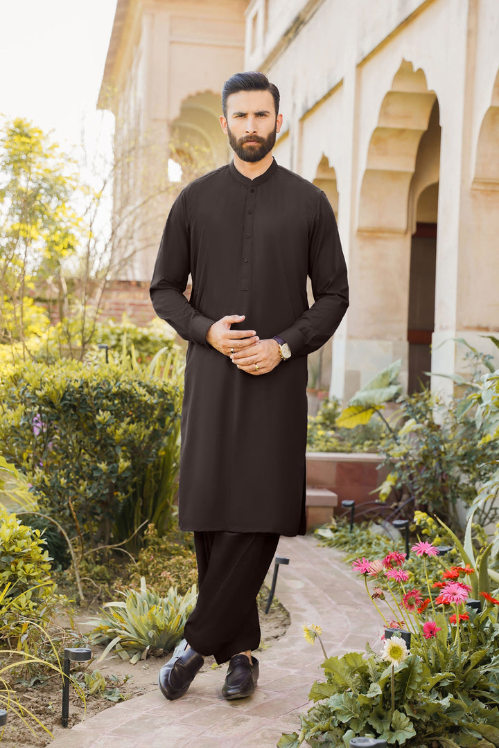 Divinely Crafted Men Ready To Wear Solids Cotton Shalwar Kameez Valvet Brown - Summer Collection
