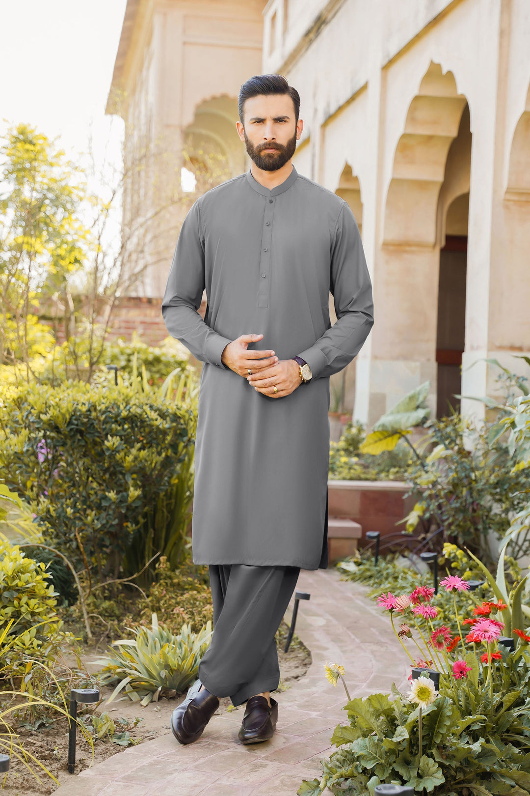 Divinely Crafted Men Ready To Wear Solids Cotton Shalwar Kameez Urban Grey - Summer Collection