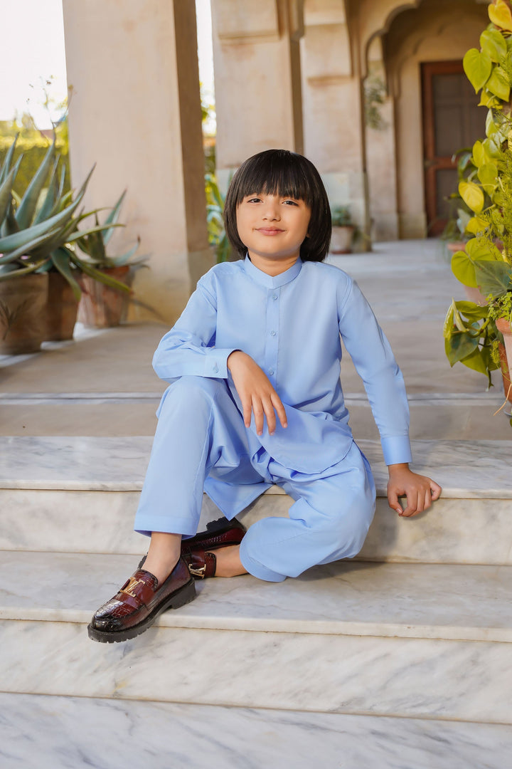 Paasban by Divinely Crafted Solids Blended 2 Piece Shalwar Kameez For Kids Baby Blue - Summer Collection