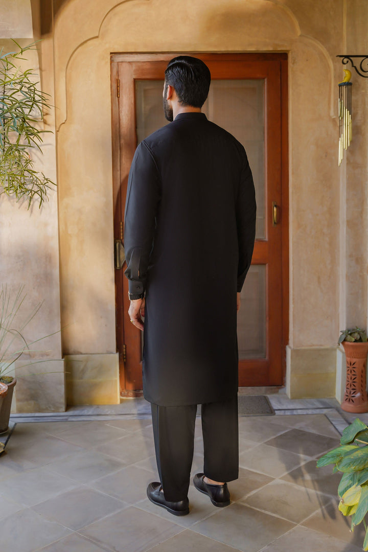 Misaal by Divinely Crafted Solids Shalwar Kameez For Men Jet Black Blended SK490-0325-JB - Summer Collection