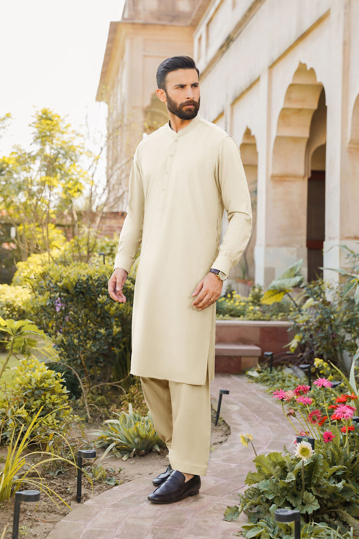 Misaal by Divinely Crafted Solids Shalwar Kameez For Men Creamy White Blended SK350-0325-CW - Summer Collection