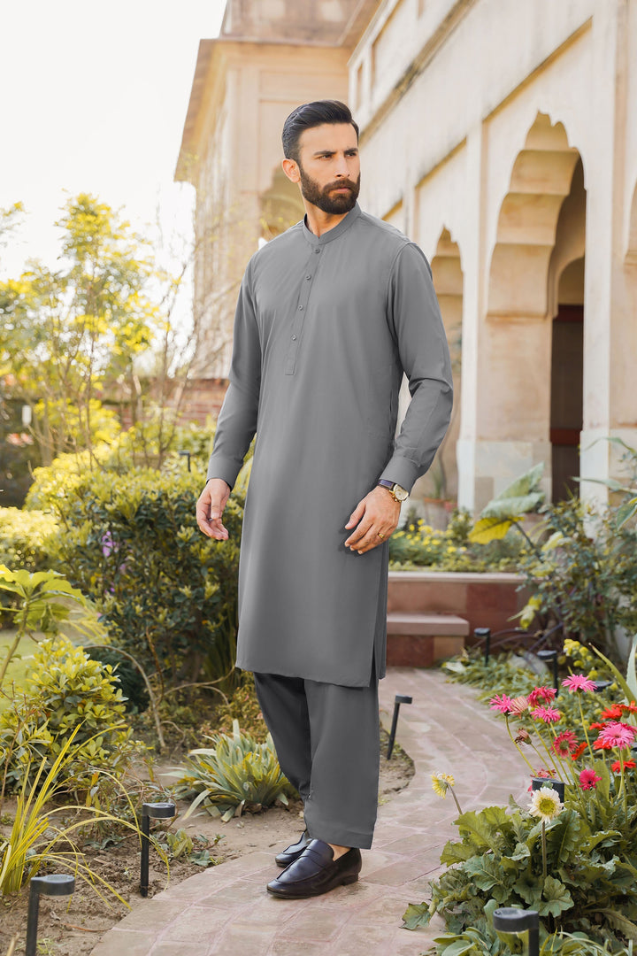 Divinely Crafted Men Ready To Wear Solids Cotton Shalwar Kameez Urban Grey - Summer Collection