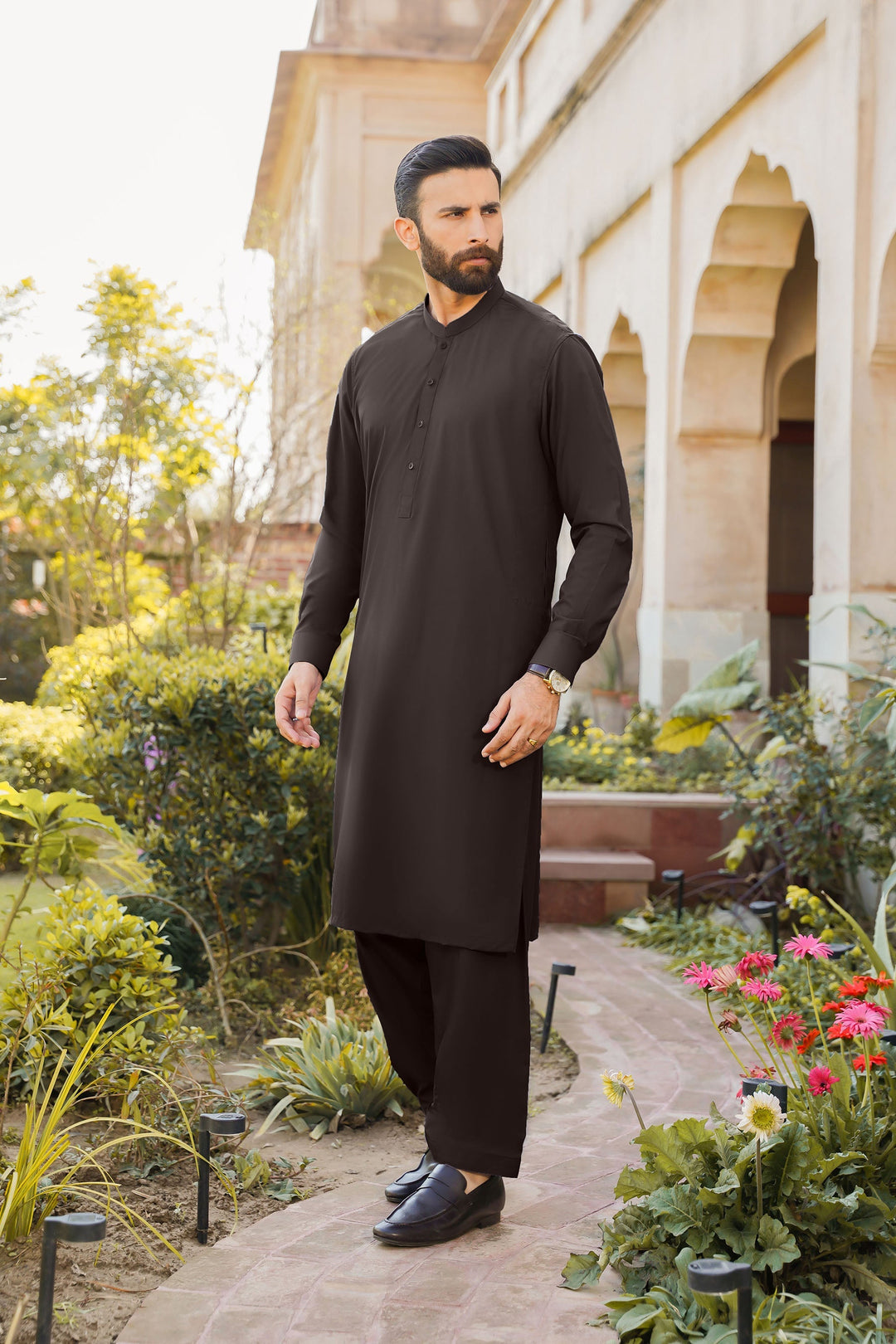 Divinely Crafted Men Ready To Wear Solids Cotton Shalwar Kameez Valvet Brown - Summer Collection