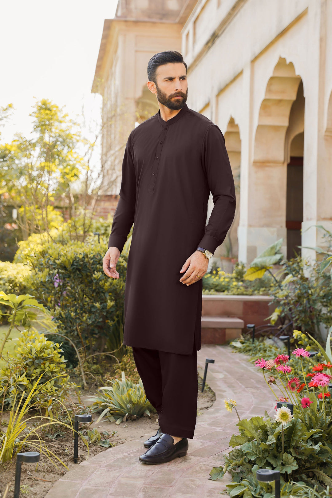 Divinely Crafted Men Ready To Wear Solids Cotton Shalwar Kameez Royal Maroon - Summer Collection
