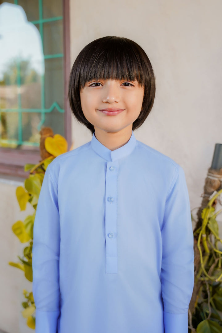 Paasban by Divinely Crafted Solids Blended 2 Piece Shalwar Kameez For Kids Baby Blue - Summer Collection
