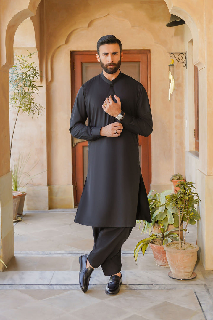 Misaal by Divinely Crafted Solids Shalwar Kameez For Men Jet Black Blended SK490-0325-JB - Summer Collection