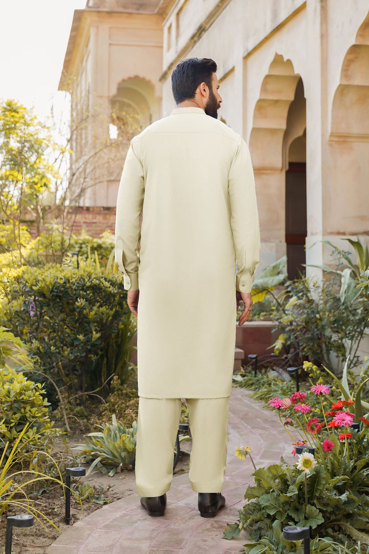 Misaal by Divinely Crafted Solids Shalwar Kameez For Men Creamy White Blended SK350-0325-CW - Summer Collection