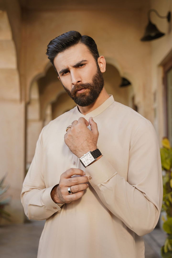 Misaal by Divinely Crafted Solids Shalwar Kameez For Men Taupe Brown Blended SK475-0325-TB - Summer Collection