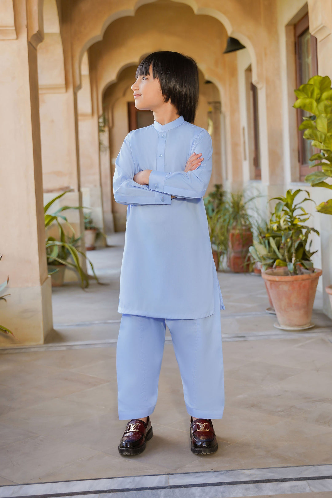 Paasban by Divinely Crafted Solids Blended 2 Piece Shalwar Kameez For Kids Baby Blue - Summer Collection