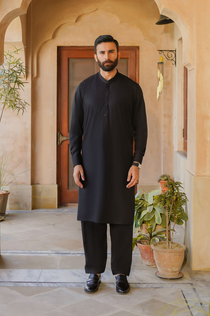 Misaal by Divinely Crafted Solids Shalwar Kameez For Men Jet Black Blended SK490-0325-JB - Summer Collection
