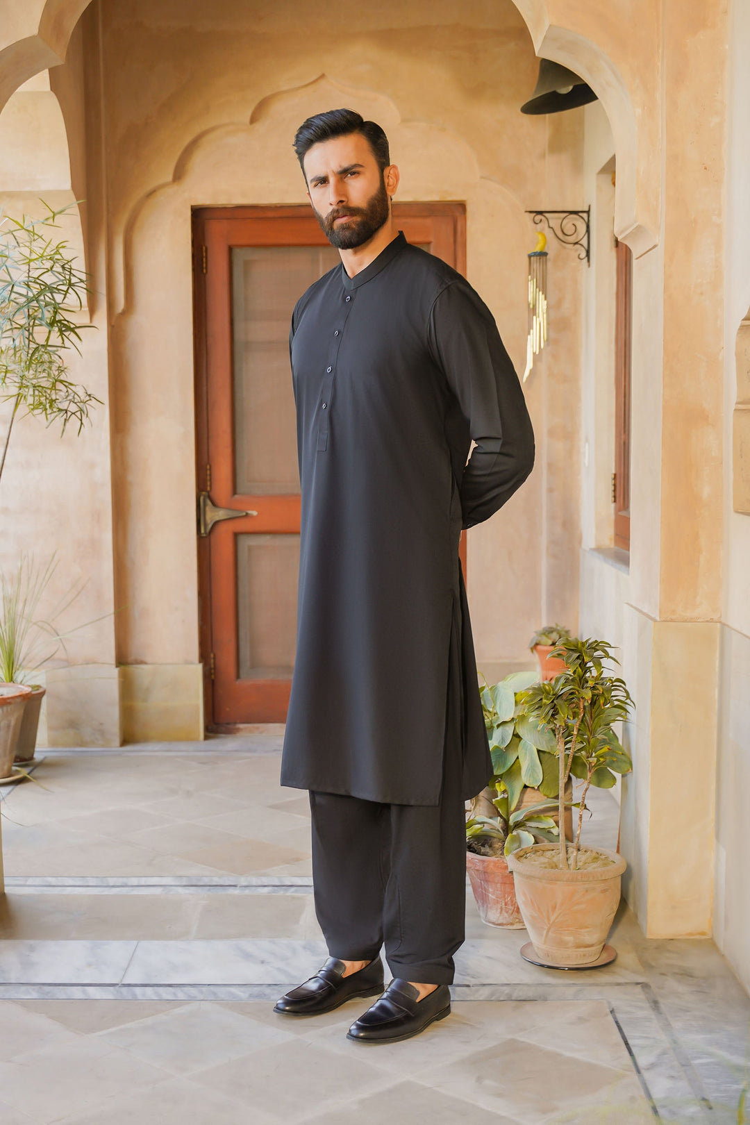 Misaal by Divinely Crafted Solids Shalwar Kameez For Men Jet Black Blended SK490-0325-JB - Summer Collection