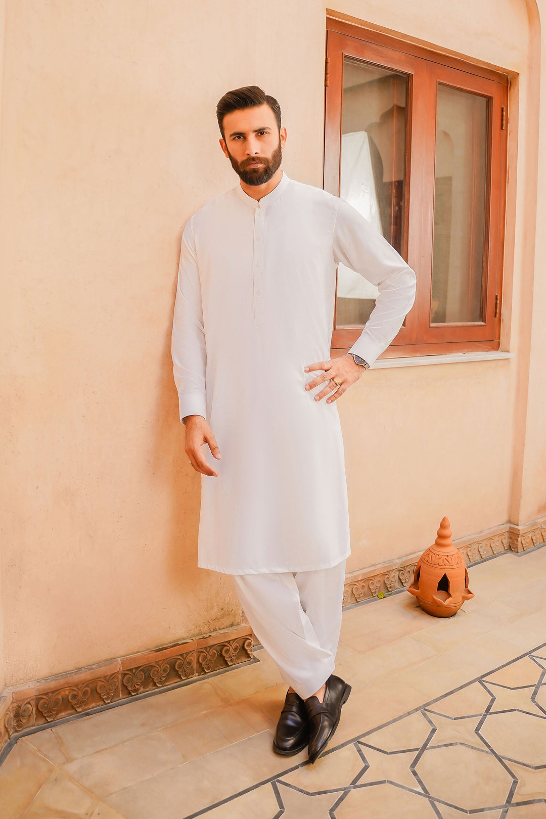 Misaal by Divinely Crafted Solids Shalwar Kameez For Men Ivory White Boski SK350-0325-IW - Summer Collection