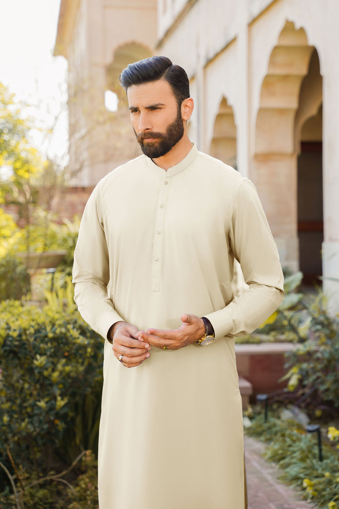 Misaal by Divinely Crafted Solids Shalwar Kameez For Men Creamy White Blended SK350-0325-CW - Summer Collection