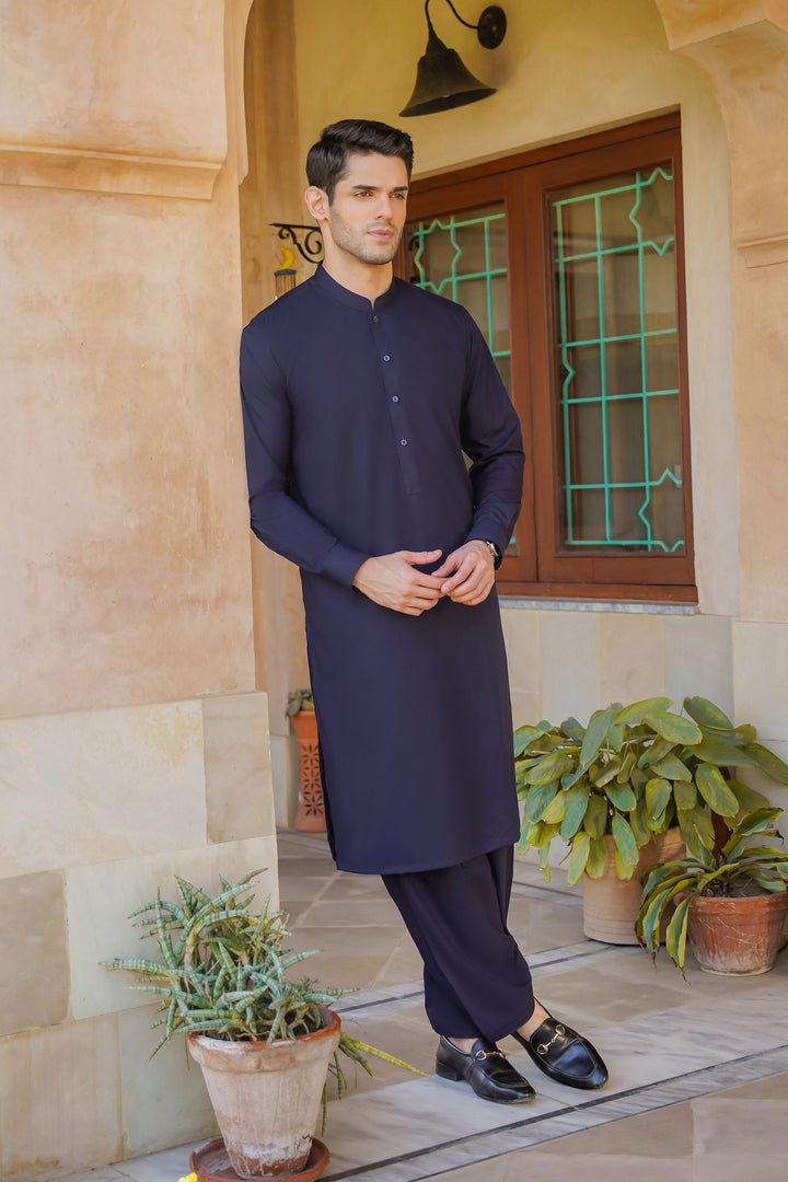 Misaal by Divinely Crafted Solids Shalwar Kameez For Men Regal Blue Blended SK490-0325-RB - Summer Collection