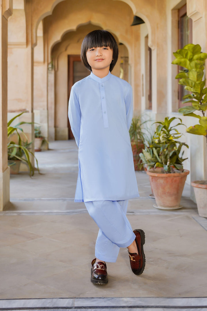 Paasban by Divinely Crafted Solids Blended 2 Piece Shalwar Kameez For Kids Baby Blue - Summer Collection