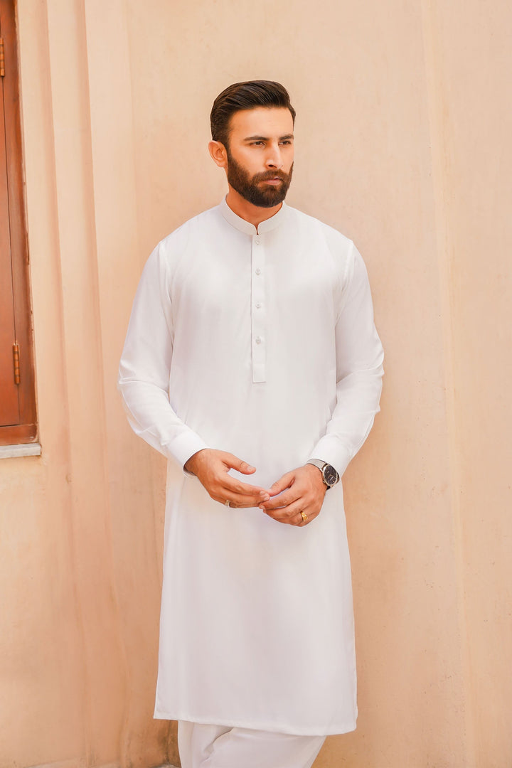 Misaal by Divinely Crafted Solids Shalwar Kameez For Men Ivory White Boski SK350-0325-IW - Summer Collection
