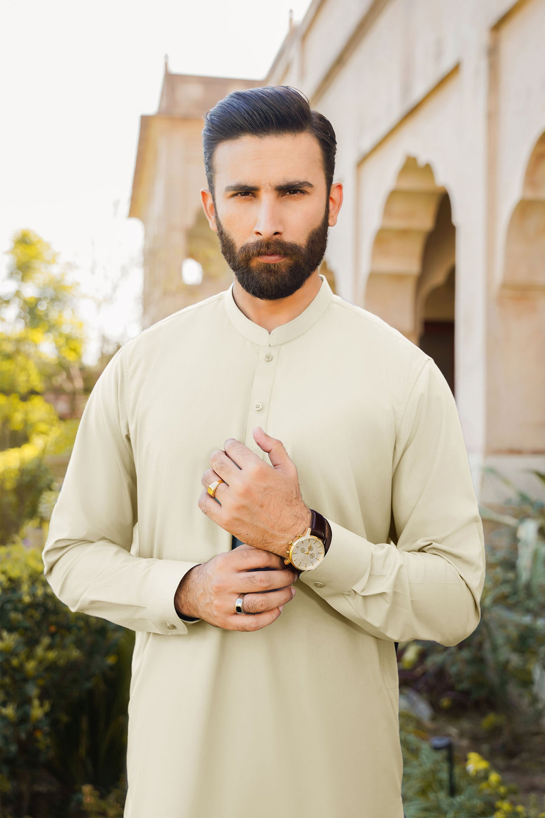 Misaal by Divinely Crafted Solids Shalwar Kameez For Men Creamy White Blended SK350-0325-CW - Summer Collection