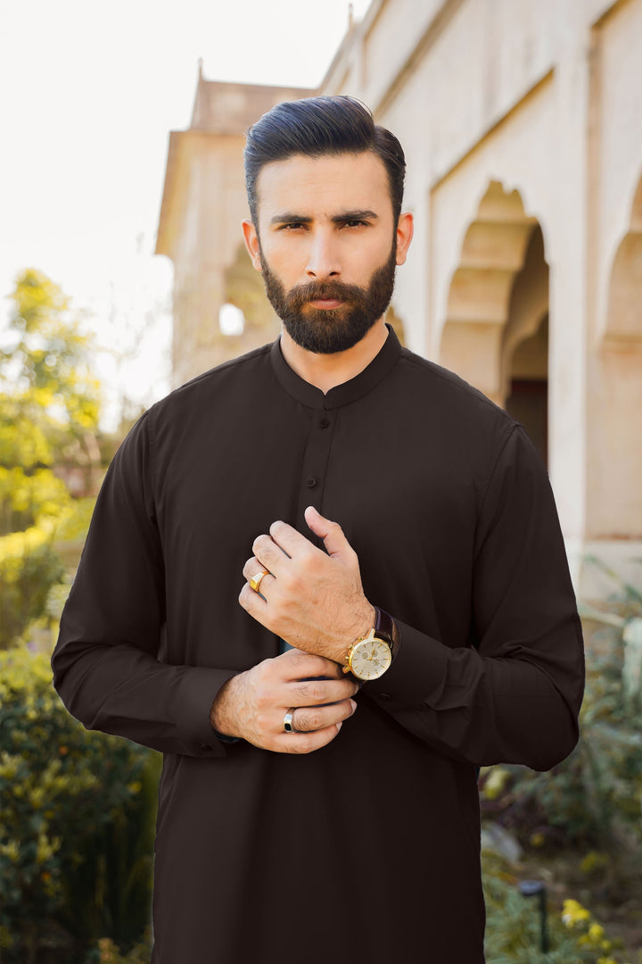 Divinely Crafted Men Ready To Wear Solids Cotton Shalwar Kameez Valvet Brown - Summer Collection