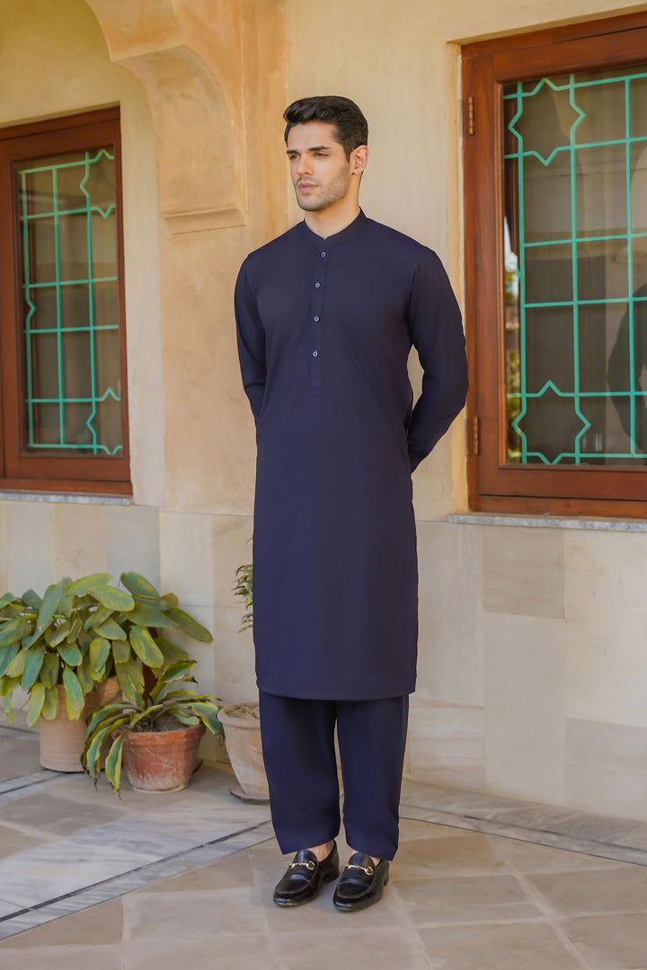 Misaal by Divinely Crafted Solids Shalwar Kameez For Men Regal Blue Blended SK490-0325-RB - Summer Collection
