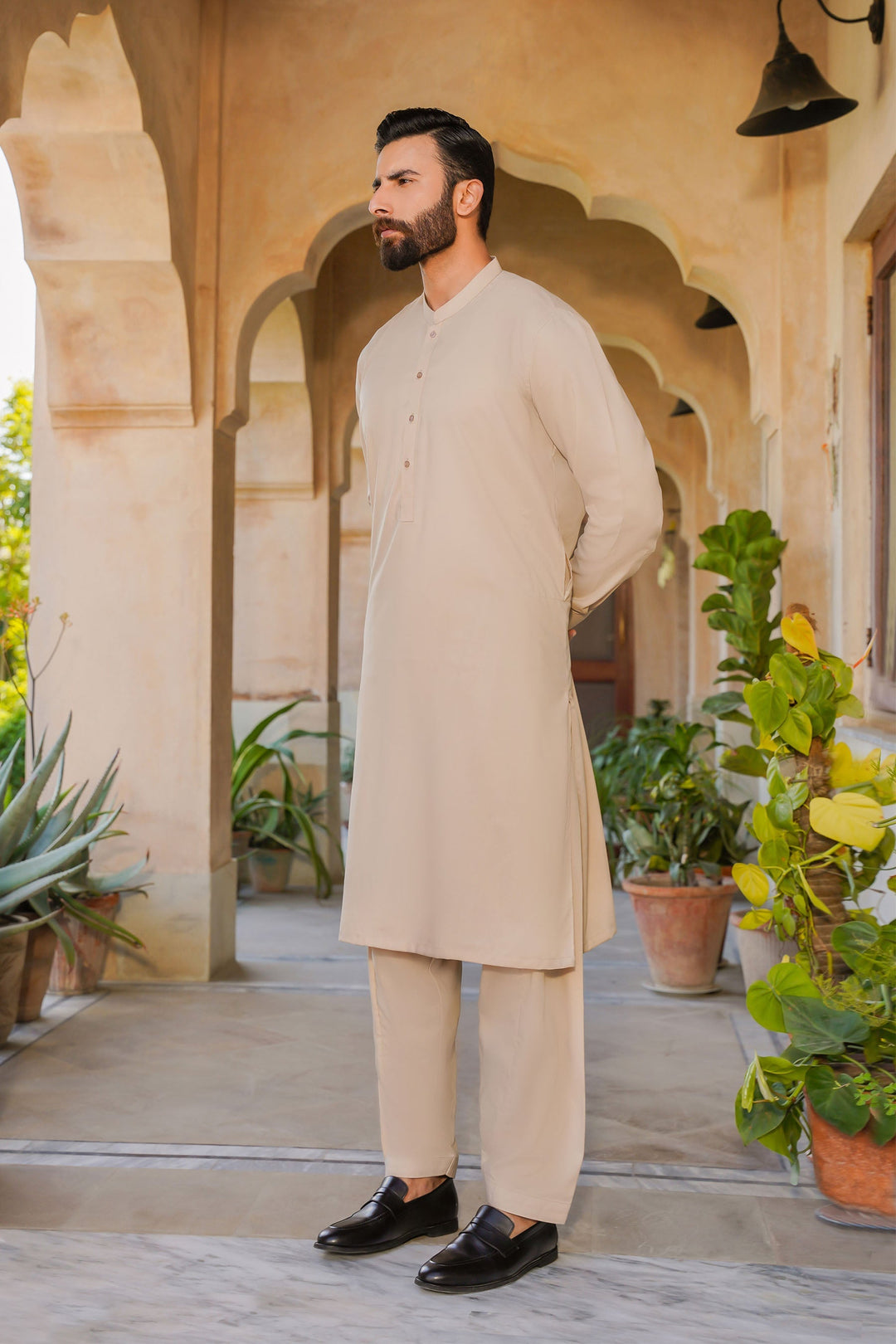 Misaal by Divinely Crafted Solids Shalwar Kameez For Men Taupe Brown Blended SK475-0325-TB - Summer Collection