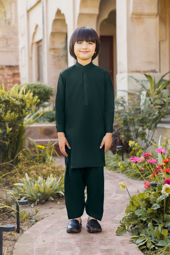 Paasban by Divinely Crafted Solids Blended 2 Piece Shalwar Kameez For Kids Alpine Green - Summer Collection