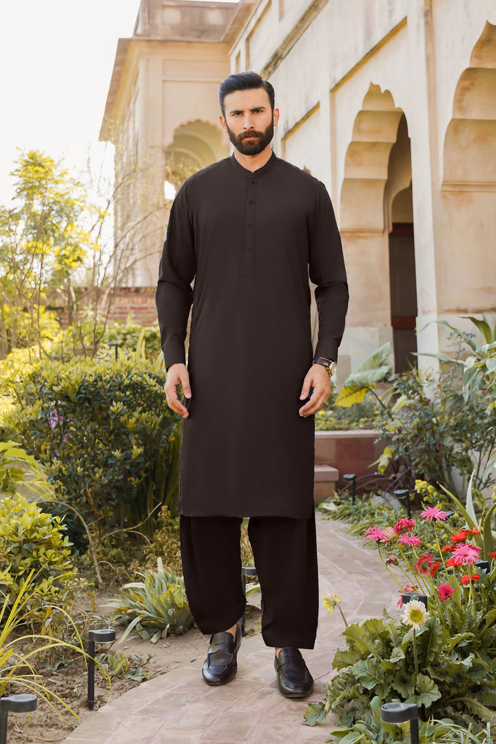Divinely Crafted Men Ready To Wear Solids Cotton Shalwar Kameez Valvet Brown - Summer Collection