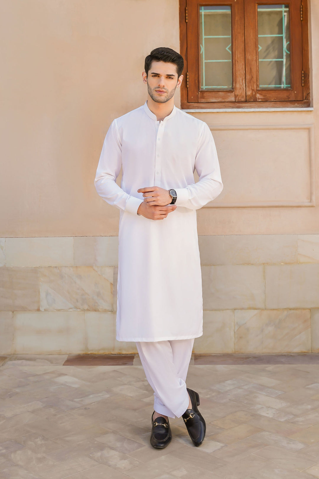 Misaal by Divinely Crafted Solids Shalwar Kameez For Men Vanilla White Blended SK425-0325-VW - Summer Collection