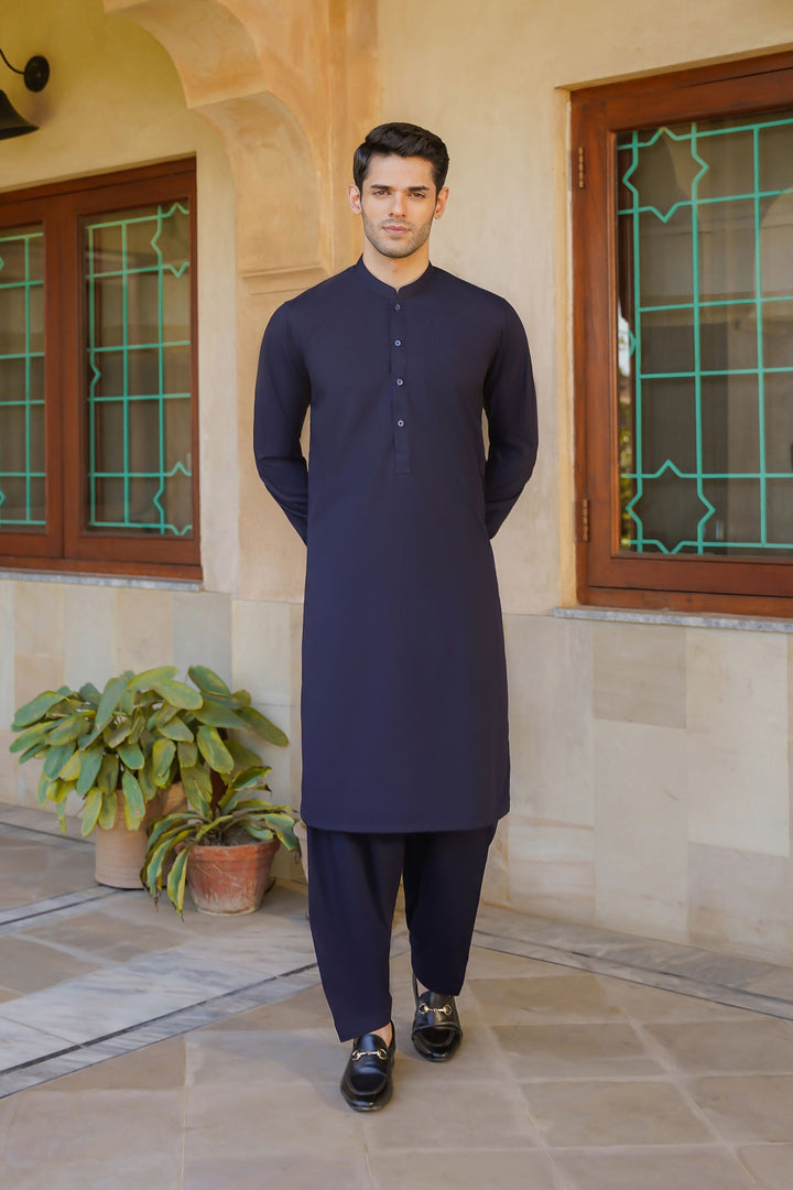 Misaal by Divinely Crafted Solids Shalwar Kameez For Men Regal Blue Blended SK490-0325-RB - Summer Collection