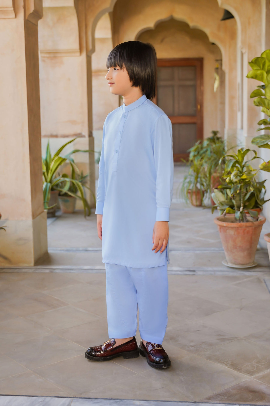 Paasban by Divinely Crafted Solids Blended 2 Piece Shalwar Kameez For Kids Baby Blue - Summer Collection