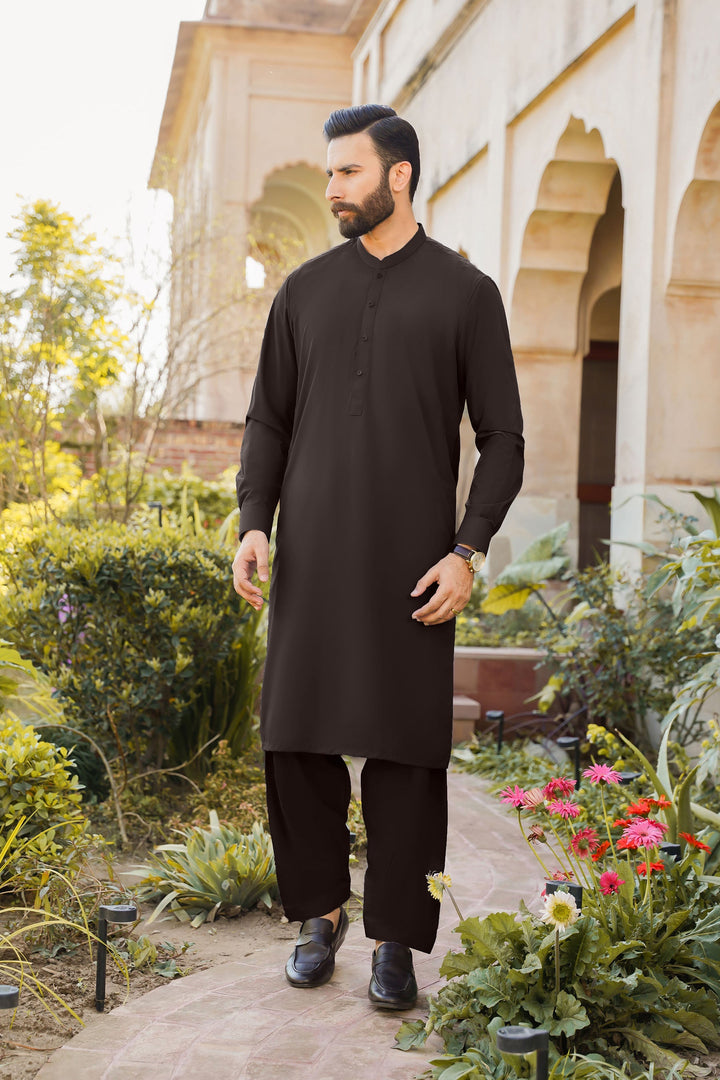 Divinely Crafted Men Ready To Wear Solids Cotton Shalwar Kameez Valvet Brown - Summer Collection