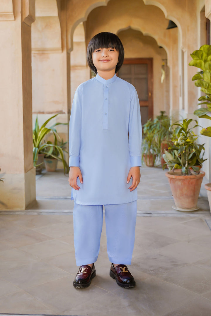 Paasban by Divinely Crafted Solids Blended 2 Piece Shalwar Kameez For Kids Baby Blue - Summer Collection