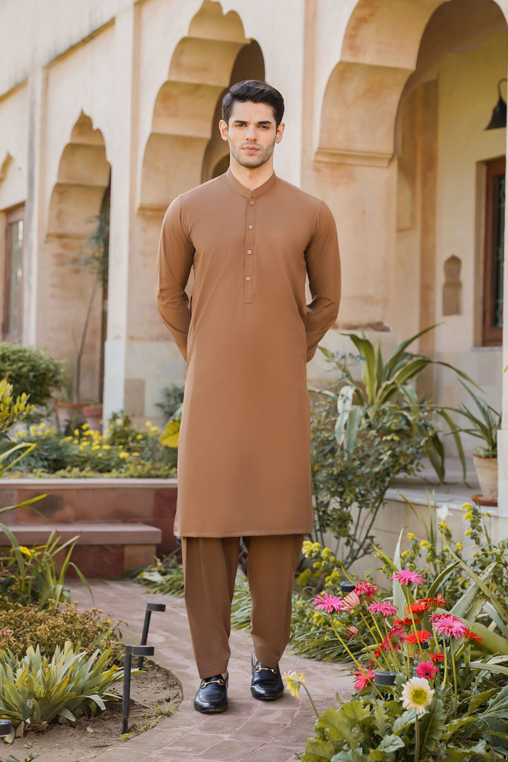 Misaal by Divinely Crafted Solids Shalwar Kameez For Men Coffee Brown Blended SK450-0325-CB - Summer Collection
