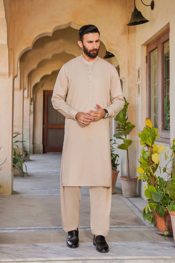 Misaal by Divinely Crafted Solids Shalwar Kameez For Men Taupe Brown Blended SK475-0325-TB - Summer Collection