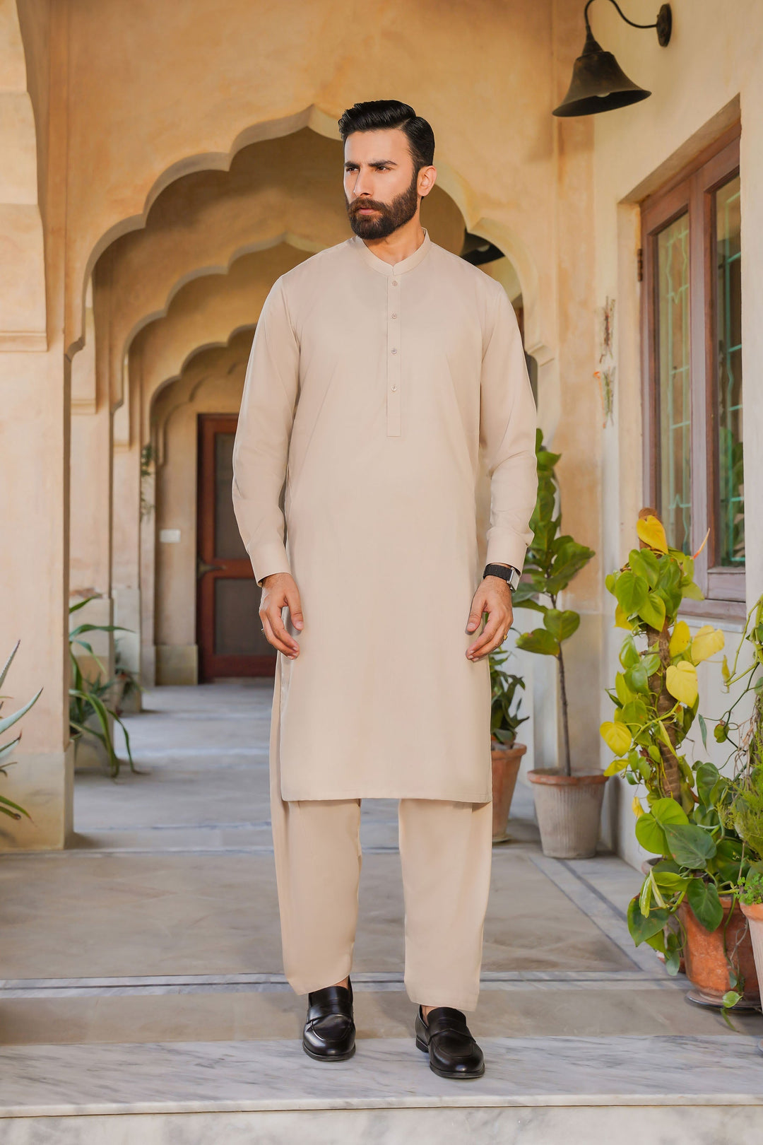 Misaal by Divinely Crafted Solids Shalwar Kameez For Men Taupe Brown Blended SK475-0325-TB - Summer Collection