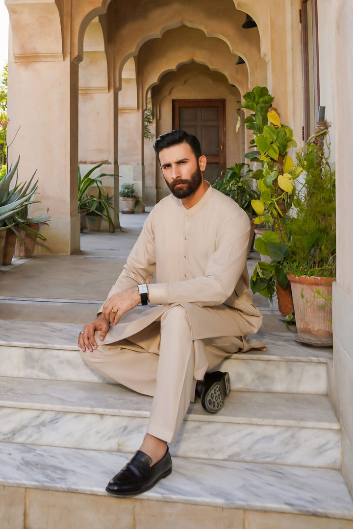 Misaal by Divinely Crafted Solids Shalwar Kameez For Men Taupe Brown Blended SK475-0325-TB - Summer Collection