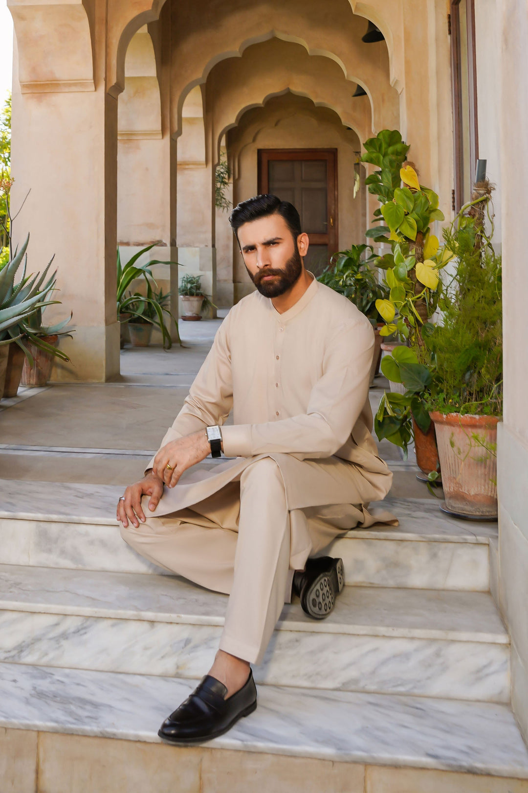 Misaal by Divinely Crafted Solids Shalwar Kameez For Men Taupe Brown Blended SK475-0325-TB - Summer Collection