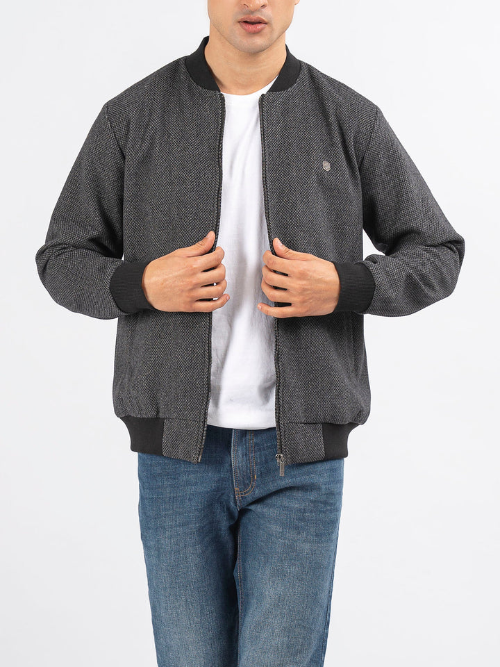 Brumano Pret Solids Polyester 1 Piece Dark Grey Herringbone Structured Wool Bomber Jacket