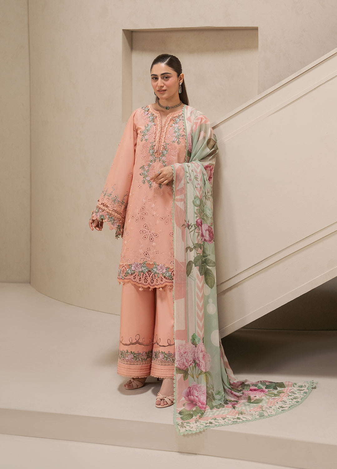 E-Craft by Elaf Unstitched Embroidered Lawn 3 Piece Suit EHC-3B Dustrose - Casual Collection