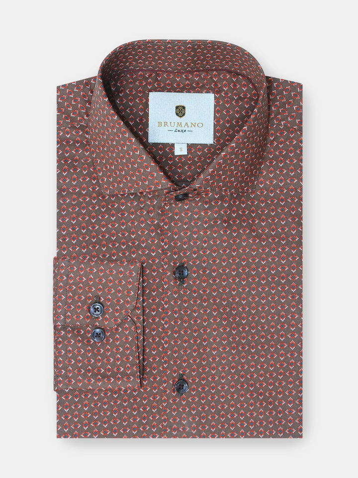 Brumano Ready To Wear Shirts Men 1 Piece Cotton Brown & Red Geometric Printed Shirt 0-32-024-3304 - Summer Collection