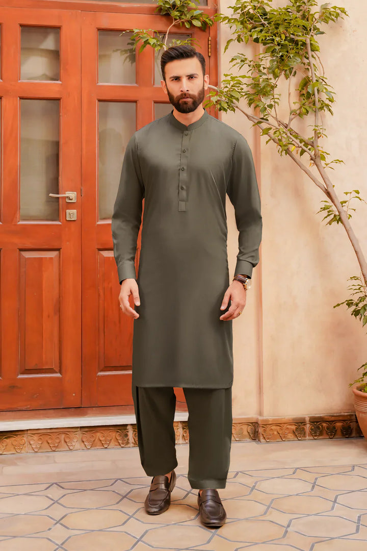 Misaal by Divinely Crafted Solids Shalwar Kameez For Men Moss Green Blended SK340-0725-MG - Summer Collection